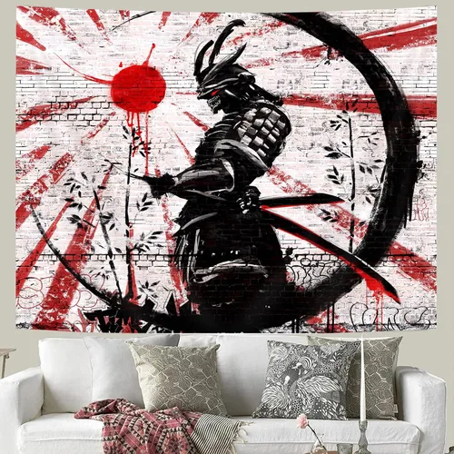 Miniatura 6 de iTapnoom Tapiz decorativo de arte samurái japonés para colgar en la pared para dormitorio, póster de anime rojo y negro con sol y luna para hombres