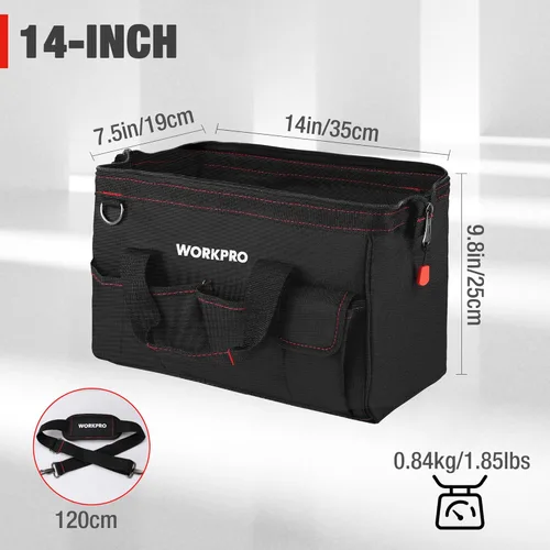 Miniatura 2 de WORKPRO Bolsa de herramientas de 14 pulgadas, organizador de herramientas con múltiples bolsillos con correa de hombro ajustable, W081021A, negro