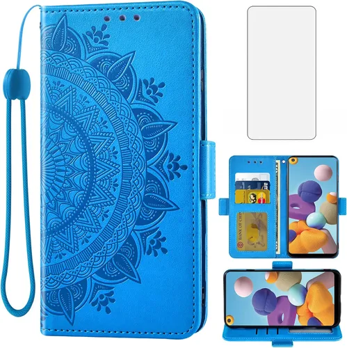 Asuwish Funda tipo cartera compatible con Samsung Galaxy A21, protector de pantalla de vidrio templado, soporte para tarjetas de crédito, monedero,