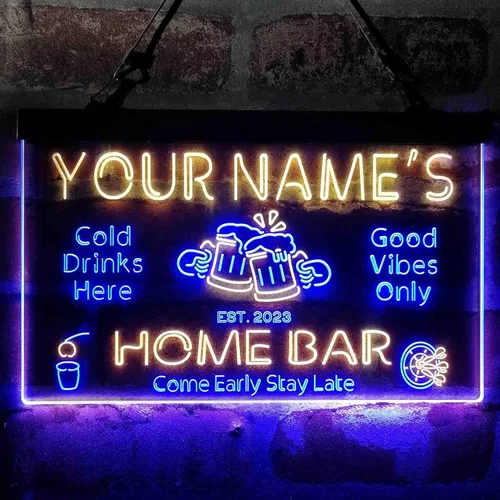 Miniatura 2 de ADVPRO personalizado: tu nombre, barra de casa personalizada, cerveza, año de fundación, letrero de neón LED de doble color, azul y amarillo, 24 x