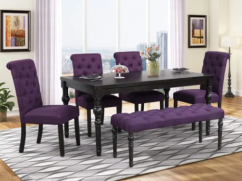 Miniatura 10 de Roundhill Furniture Leviton Urban Style - Juego de comedor de madera lavada oscura: mesa, 4 sillas y banco, gris
