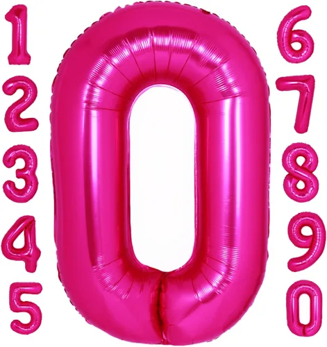 Globo gigante de 40 pulgadas color rosa intenso número 0, dígito jumbo 0 de lámina de mylar, helio rosa 0 globos para niños, suministros de