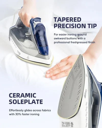 Miniatura 5 de OMAIGA Plancha de vapor para ropa, plancha de ropa de 1750 W con suela de cerámica, potente vapor, apagado automático de 3 vías, autolimpieza y Gris