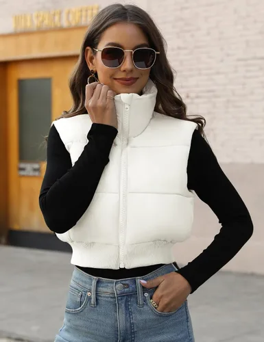 Miniatura 10 de Gihuo Chaleco acolchado recortado para mujer, sin mangas, chaqueta acolchada, chaleco acolchado para invierno, con cremallera completa, abrigo ligero