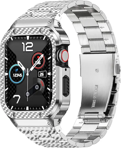 Miniatura 16 de MioHHR Correa y funda de acero inoxidable compatible con Apple Watch Band de 1.614 in, 1.575 in y 1.496 in, cubierta protectora de metal para Negro
