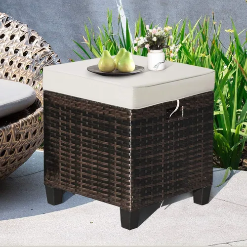 Miniatura 4 de HAPPYGRILL Juego otomano de 2 piezas para patio al aire libre de mimbre de ratán con cojines extraíbles, muebles de patio, reposapiés, asiento