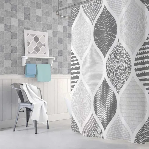 Miniatura 4 de JAWO Cortina de ducha gris retro bohemia de tela geométrica para decoración de baño, estilo bohemio, moderno, abstracto, cachemira, accesorios