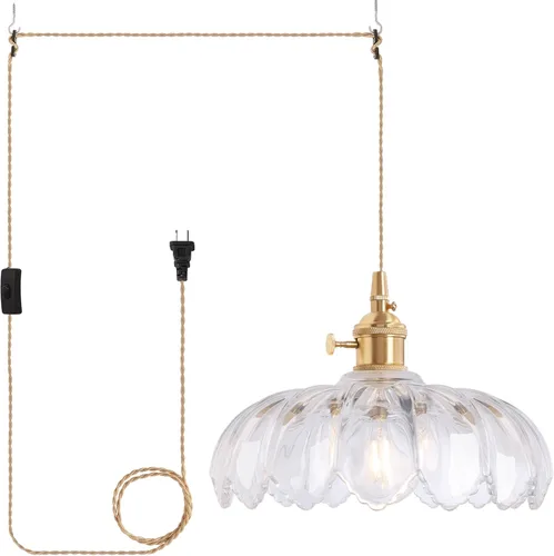 Miniatura 53 de Shenmoyl Lámpara colgante con pantalla de vidrio transparente a rayas, luz colgante vintage de latón, luz colgante ajustable para cocina, isla