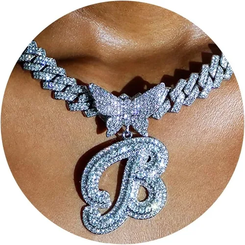 Cadena de eslabones cubanos para mujer, con inicial de plata cursiva de 0.55 pulgadas, con punta de diamante, cadena cubana de hip hop, collar de