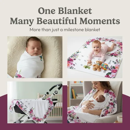 Miniatura 7 de Bliss n' Baby Manta mensual de hitos para bebé niña, 60 x 40 pulgadas, sin arrugas, con tabla de crecimiento, lavable y secable, con corona y Floral