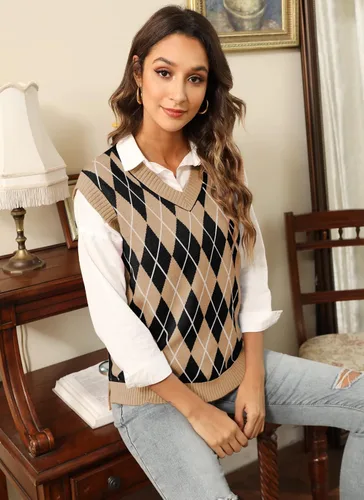 Miniatura 8 de HOCOSIT Chaleco de punto con cuello en V para mujer, estilo preppy a cuadros, sin mangas, suéter corto
