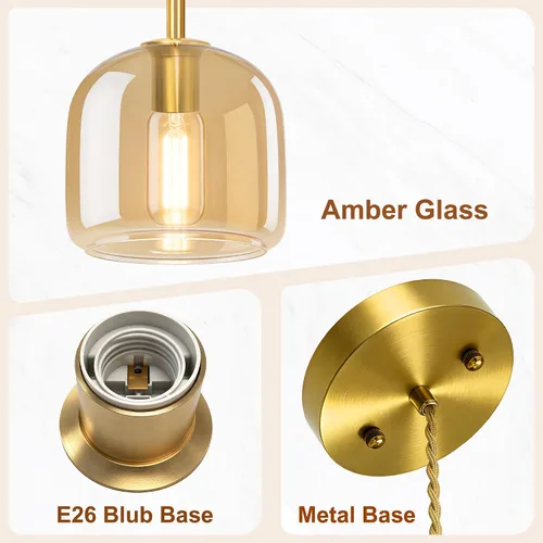 Miniatura 2 de Luces Colgantes de Isla de Cocina - Luz Colgante Dorada, Luces Colgantes de Latón Estilo Granja con Pantalla de Vidrio Ámbar, Luz Colgante Ajustable