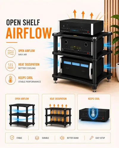 Miniatura 6 de Estante de componentes de audio resistente, soporte de medios AV de gran espacio de almacenamiento con clavijas de pie que absorben los golpes