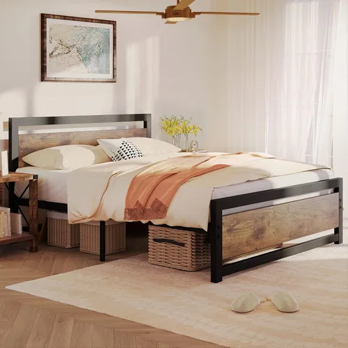 Miniatura 9 de Amyove Base de cama tamaño King con cabecera y estribo de madera, plataforma de cama King de metal, no necesita somier, 14 pulgadas, fácil
