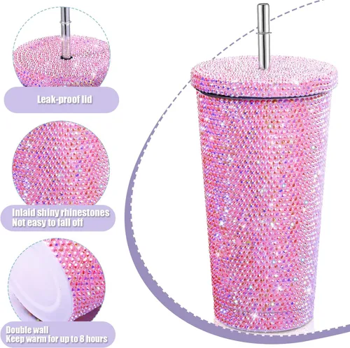 Miniatura 3 de Mimorou Botella de agua con purpurina y tapa, de acero inoxidable, con diseño de diamantes de imitación, con 1 cepillo para tazas, 6 cepillos