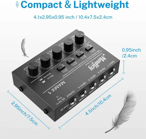 Miniatura 7 de Moukey Mini Mezclador de Audio, DC 5V, 4 Estéreo Ultra, Mezclador de Línea de 4 Canales de Bajo Ruido para Sub-Mezcla, para Pequeños Clubes o Bares