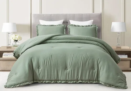Miniatura 2 de Chezmoi Collection - Juego de edredón Nora de color verde saúco con volantes, tamaño Queen extragrande, 3 piezas, ropa de cama ligera y suave lavada
