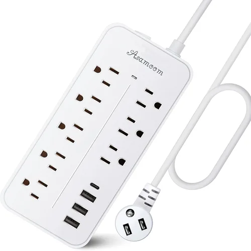 Miniatura 10 de Protección contra sobretensiones de 5 pies con cable plano de extensión, regleta de alimentación con enchufe plano listada por ETL, 8 tomas de CA, 4