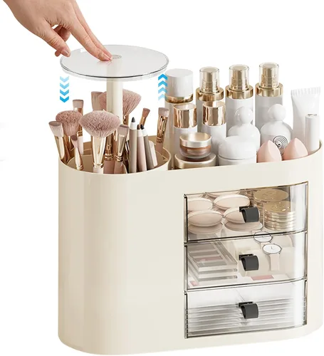 DASITON Organizador de maquillaje con 3 cajones, soporte automático para brochas de maquillaje con tapa, organizador de maquillaje de gran capacidad