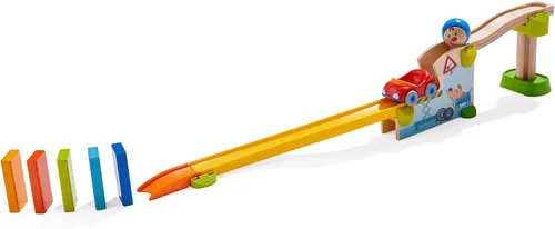 Miniatura 4 de HABA Juego de carreras de pelota y pista con coche y dominó, 16 piezas Kullerbü Marble Runs y juegos de construcción para niños de 2 años