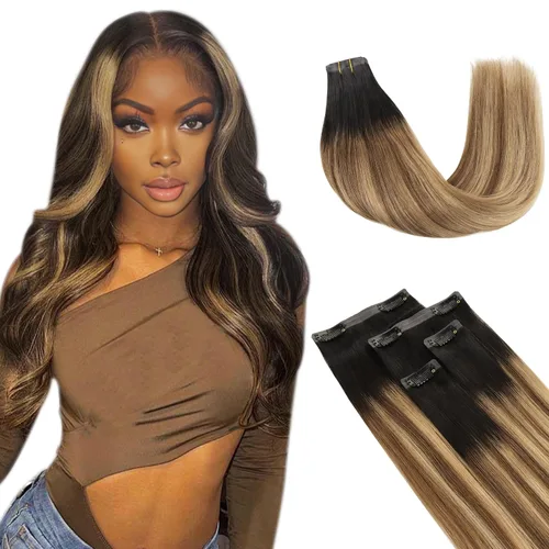 Miniatura 14 de Lashey - Extensiones de cabello con clip sin costuras, de cabello humano real, 7 unidades, 110 g, 14 pulgadas, color negro natural, lacio