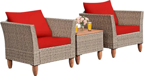 Miniatura 10 de COSTWAY Juego de muebles de ratán para patio, 3 piezas, sillas de conversación de ratán para exteriores con cojines suaves y mesa de madera de Beige