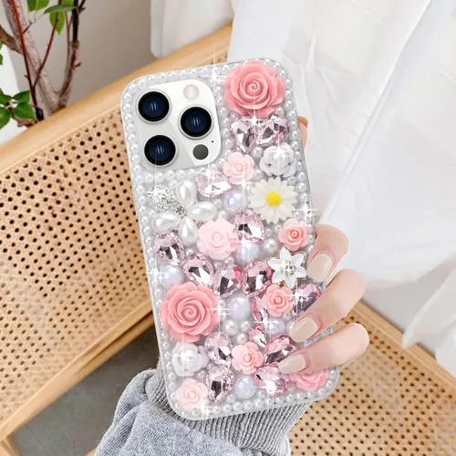 Miniatura 2 de para iPhone 14 Pro - Funda con Purpurina y Diamantes de Imitación, de Lujo, con Cristales Brillantes, Flores de Rosa, Perlas Florales, Pulseras