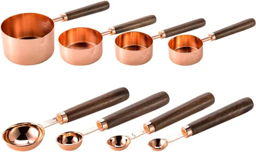 JASHII Juego de 8 tazas y cucharas medidoras de oro rosa con mango de madera de acacia, herramientas de cocina de acero inoxidable para cocinar