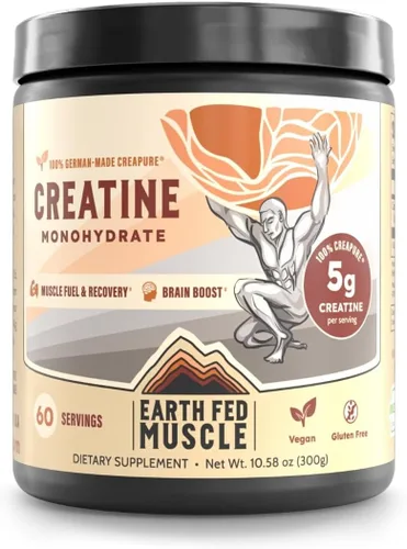 Earth Fed Muscle Monohidrato de creatina en polvo, 10.58 oz, 60 porciones | Creatina alemana Creapure para fuerza, potencia y crecimiento muscular |