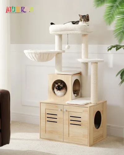 Miniatura 6 de MUTTROS Árbol para gatos con caja de arena, árbol moderno de 50 pulgadas para gatos grandes y gordos con condominio para gatos, muebles de madera