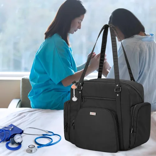 Miniatura 3 de LoDrid Bolsa de mano para enfermera con parte inferior acolchada, bolsa de enfermería para salud en el hogar, bolsa de trabajo de enfermera con Negro