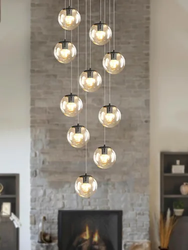 ykolupty Escalera LED de 10 luces LED moderna con globo de cristal, lámpara colgante grande para techos altos, accesorios de iluminación de entrada,