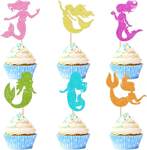 Miniatura 30 de 40 piezas comestibles bajo el mar, sirena, cupcakes, algas, pulpos, estrellas de mar, cupcakes, lindos animales del océano, selecciones de alimentos