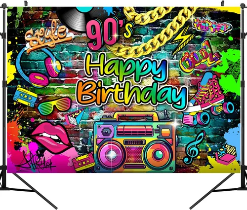 Miniatura 5 de Telón de fondo de los años 90, hip pop, feliz cumpleaños, graffiti de los años 80, 90, fiesta de graffiti, retro, urbano, telón de fondo de neón