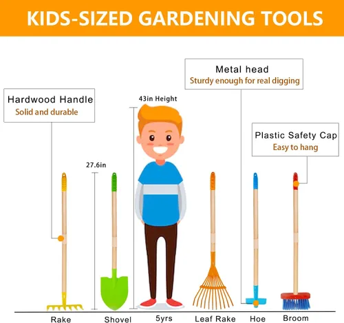 Miniatura 2 de Pala para niños, rastrillo para hojas, pala, azada y escoba, 5 piezas de herramientas de jardín para niños, jardín al aire libre, juguete de regalo