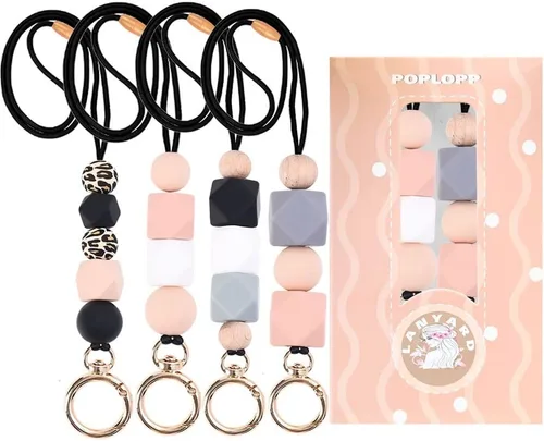 Miniatura 19 de POPLOPP 3 cordones para profesores para insignias de identificación y llaves, lindo cordón de silicona con cuentas para mujeres, enfermeras