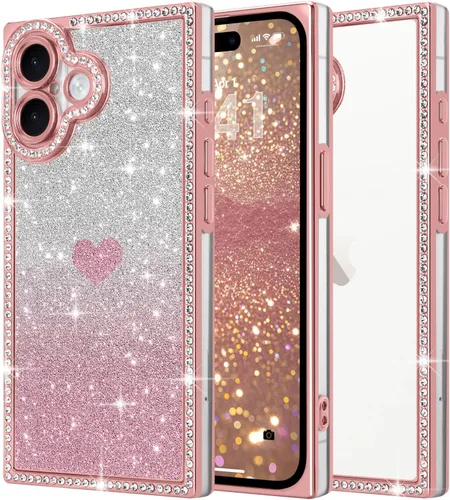 Miniatura 50 de Funda para iPhone 13, funda de diamantes de imitación de lujo con patrón de corazón de amor de cristal [papel con purpurina extraíble], parachoques
