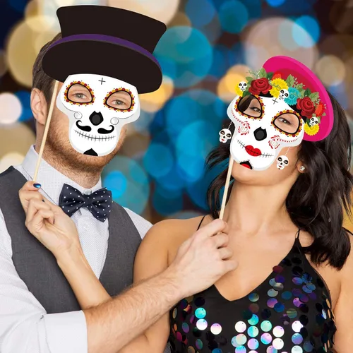 Miniatura 3 de 24 piezas de accesorios para cabina de fotos del Día de los Muertos, decoración colgante de fiesta de calavera para el Día de los Muertos