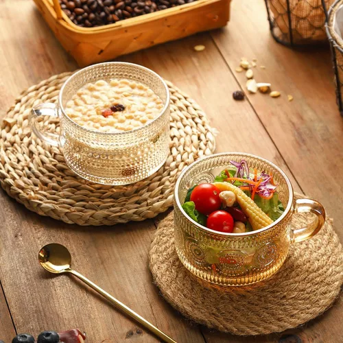 Miniatura 6 de WHJY Tazas de café de vidrio vintage con cuchara, juego de 2 tazas de café de vidrio acanalado expreso, tazas de té en relieve, tazas de té