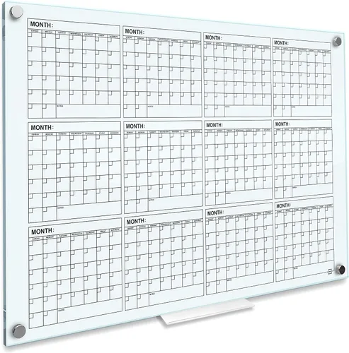 Miniatura 11 de Pizarra blanca magnética negra de vidrio de 34 x 46 pulgadas, calendario anual, pizarra blanca, calendario de borrado en seco para pared, pizarra