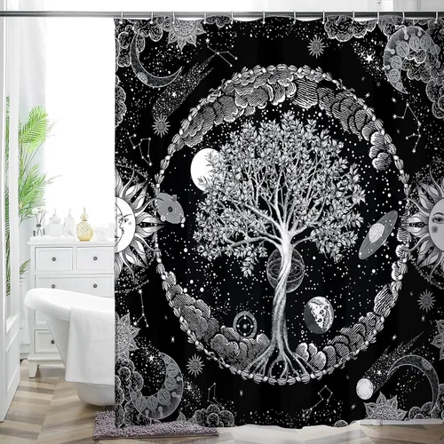 Miniatura 11 de Cortina de ducha bohemia, tela de poliéster repelente al agua con estampado floral bohemio para decoración de baño, 72 x 72 pulgadas