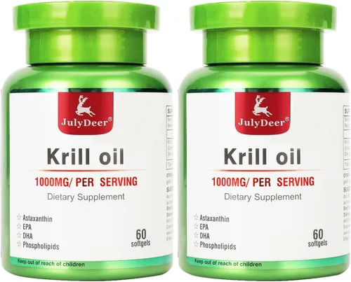 JulyDeer 2 botellas de aceite de krill antártico de 1000 mg con omega-3 EPA, DHA, astaxantina y fosfolípidos, 60 cápsulas blandas, sin regusto a 2