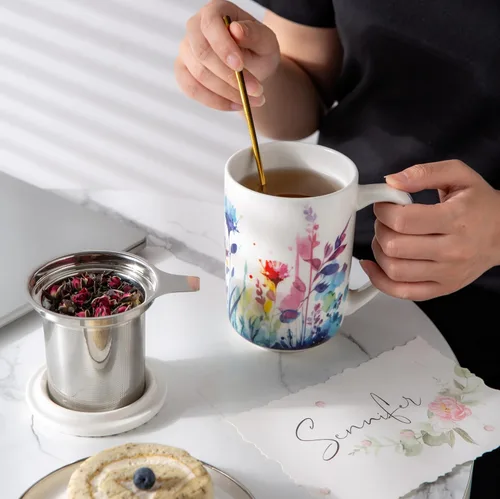 Miniatura 6 de Taza de Té de Porcelana AmorArc con Infusor y Tapas, Taza Grande de 18 Oz con Filtro con Soporte para Bolsa de Té de Hojas Sueltas, Taza para Salvia