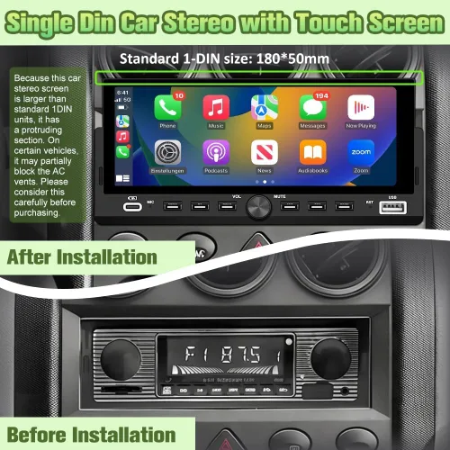 Miniatura 2 de Estéreo Universal Single Din para Automóvil con CarPlay Inalámbrico y Android Auto, Unidad Principal de Pantalla Táctil IPS de 6.86" con Cámara