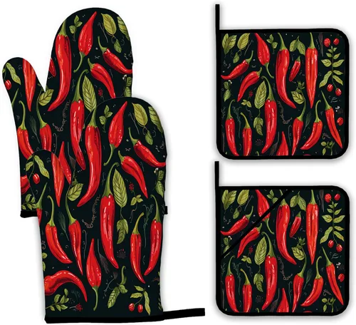 Miniatura 26 de Juego de guantes retro para horno y soportes para ollas, guantes de horno de cocina de cereza y soporte para ollas con resistente al calor, Cereza