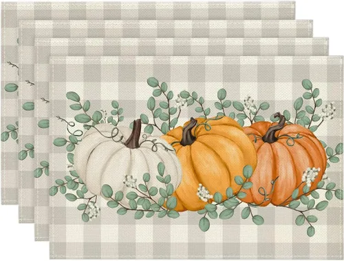 Miniatura 11 de Artoid Mode - Set de 2 manteles individuales de cuadros de búfalo con calabazas y hojas de eucalipto, manteles otoñales de 12x18 pulgadas para Azul