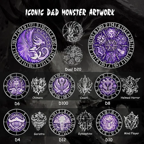 Miniatura 5 de DNDND Dados Giratorios 8 en 1 con Doble D20 – Juego de Dados Hexagonales de Metal con Temática de Monstruos D&D para TTRPG Dungeons and Dragons