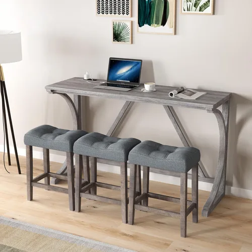 Miniatura 13 de JIVOIT Juego de mesa de comedor de 3 piezas con altura de mostrador, juego de comedor de madera maciza con 2 taburetes tapizados, mesa de comedor