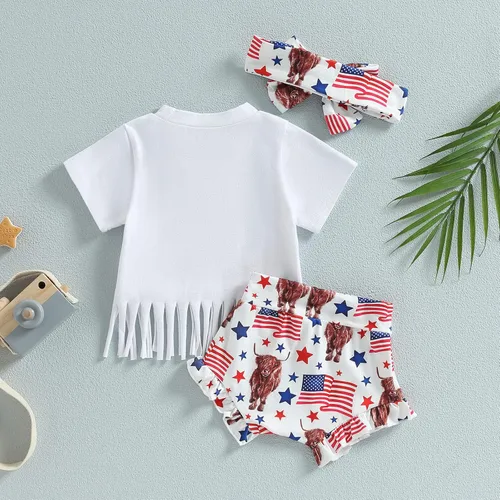 Miniatura 3 de 4 de Julio Bebé Niña Ropa de Verano Traje de Arco Iris Camiseta de Bebé Americano Conjunto de Pantalones Cortos