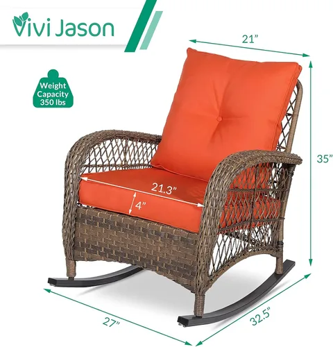 Miniatura 6 de VIVIJASON Mecedora de mimbre para exteriores, silla mecedora de ratán para patio con cojines y marco de acero, muebles de mimbre mecedores